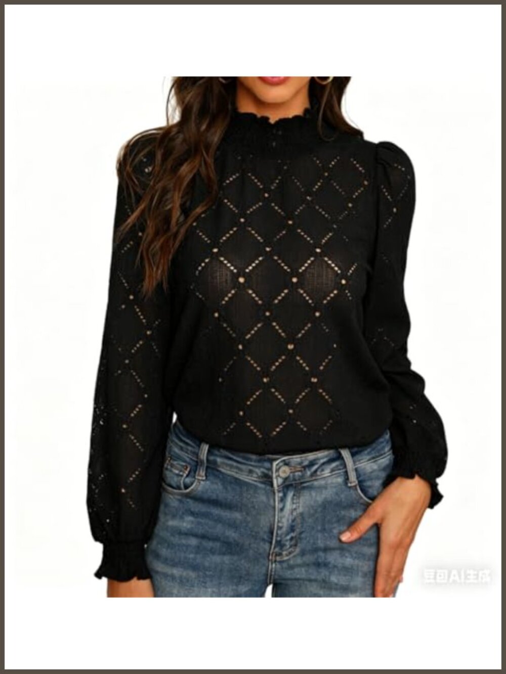 Women's Embroidered Ruffle Lace Blouse Mock Neck Puffy Long Sleeve Top
